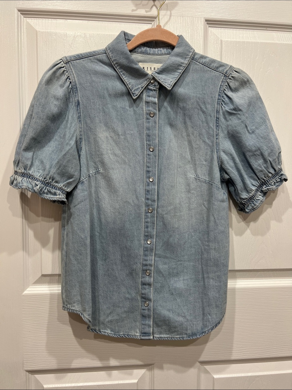 Puff Sleeve Light Blue Denim Button-Down Shirt